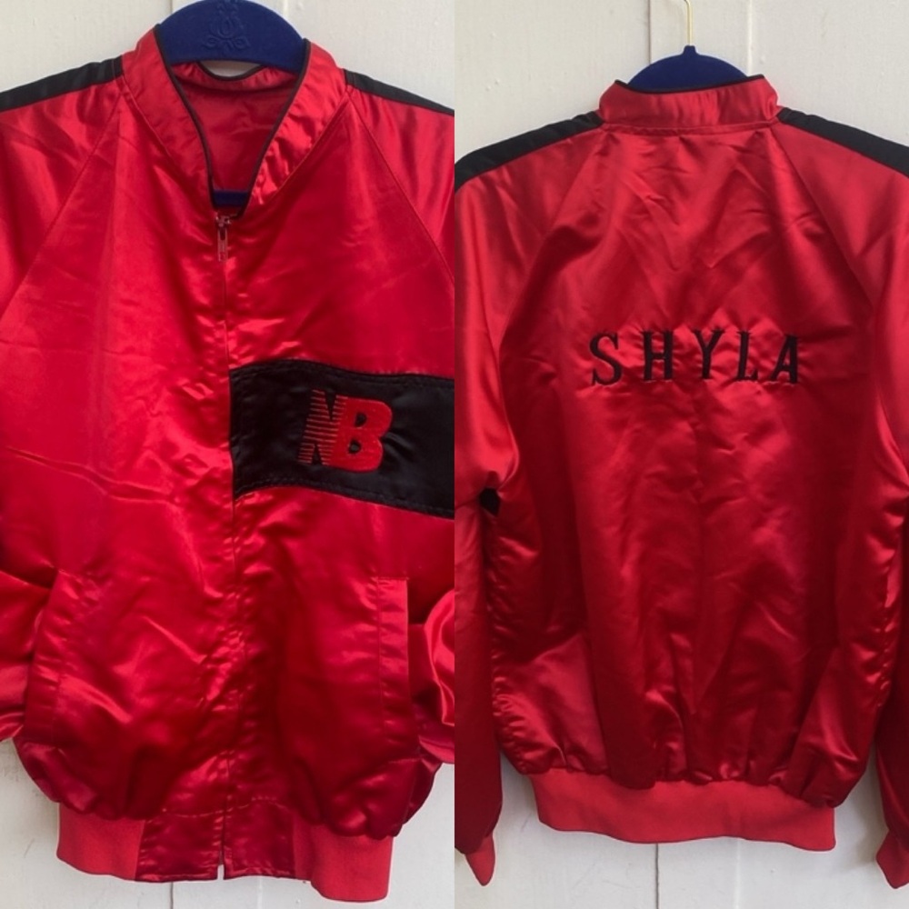 VINTAGE 80s New Balance Satin Bomber Varsity Jacket Sz M Custom Shyla Embroidery